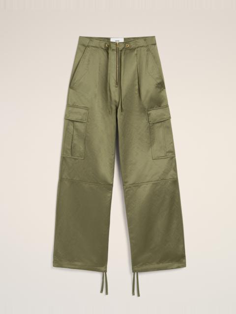 GREEN COTTON SATIN ZIPPED CARGO TROUSERS