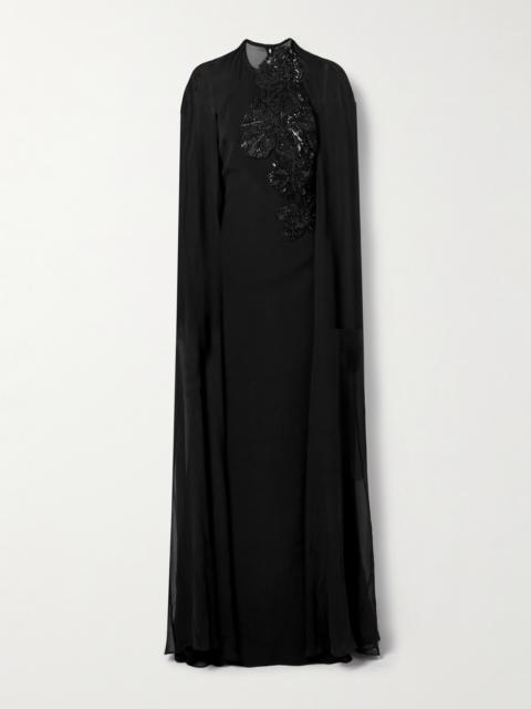 Cape-effect Embellished Silk-crepe And Silk-chiffon Gown