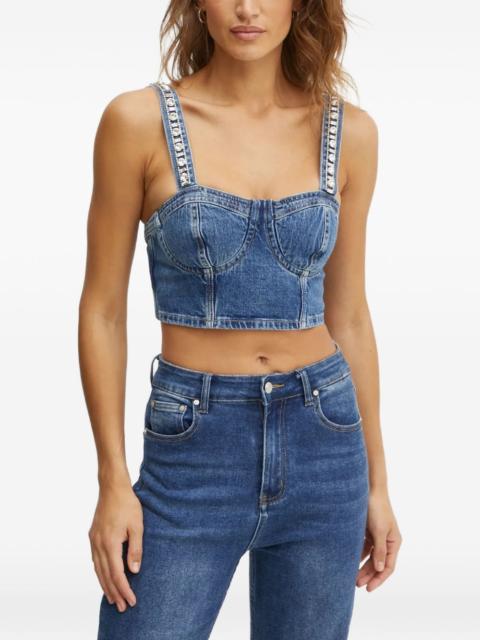 embellishmed-strap denim top