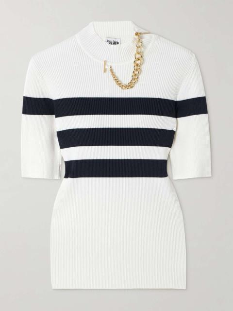 Embellished striped ribbed-knit turtleneck sweater White