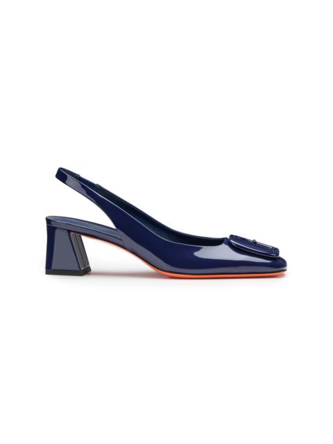 Women's blue patent leather mid-heel slingback