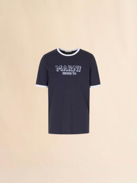 DEEP BLUE COTTON T-SHIRT WITH CONTRAST TRIMS
