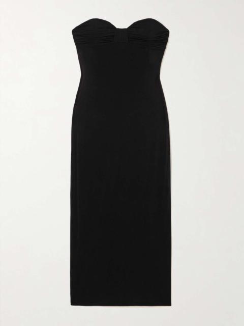 Strapless gathered jersey midi dress Black