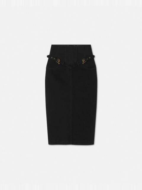 Baroque Buckle Denim Midi Skirt