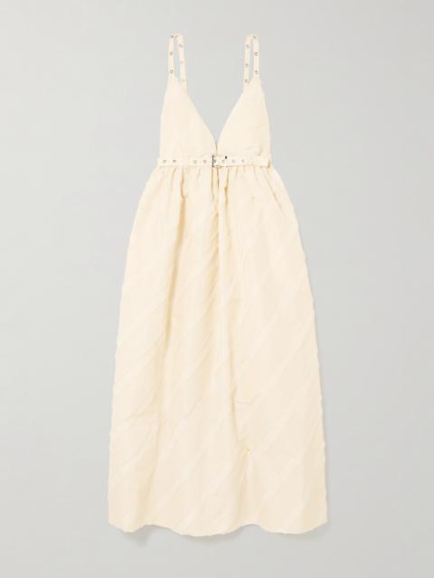 Belted Eyelet-embellished Striped Taffeta Midi Dress