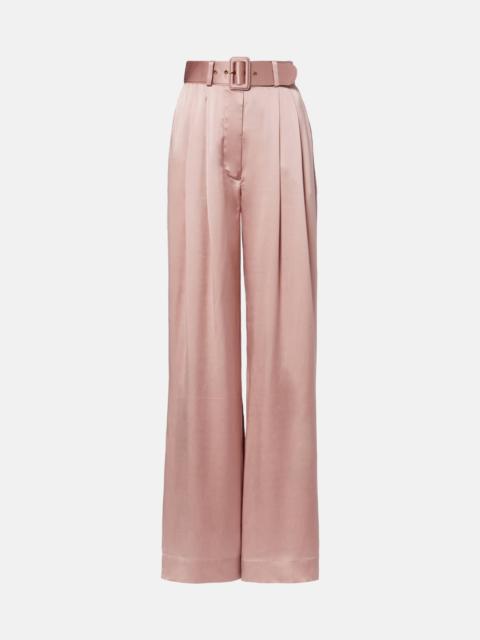 Belted pleated silk satin wide-leg pants