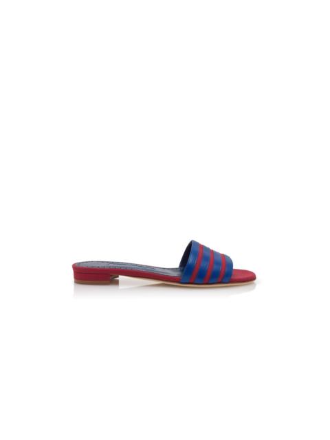 Red And Blue Linen Flat Mules