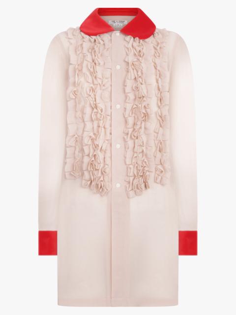 RUFFLE EMBELLISH L/S SHIRT WITH VELVET TRIM | BEIGE/RED