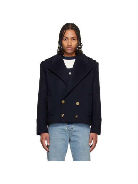 Navy Cropped Wool Reefer Jacket
