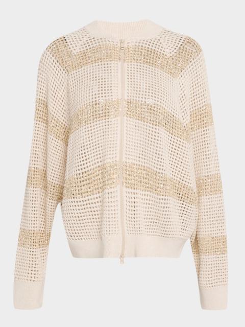 Dazzling Striped Cotton Net Bomber Cardigan