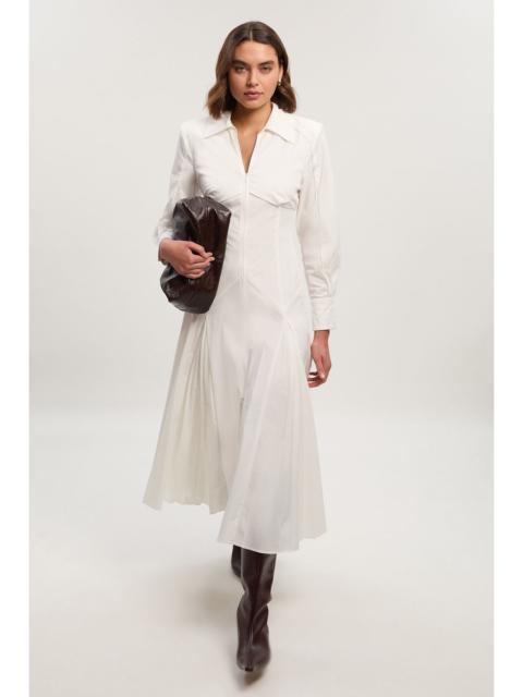 Pleated Detail Cotton Long Sleeve Woven Midi Dress