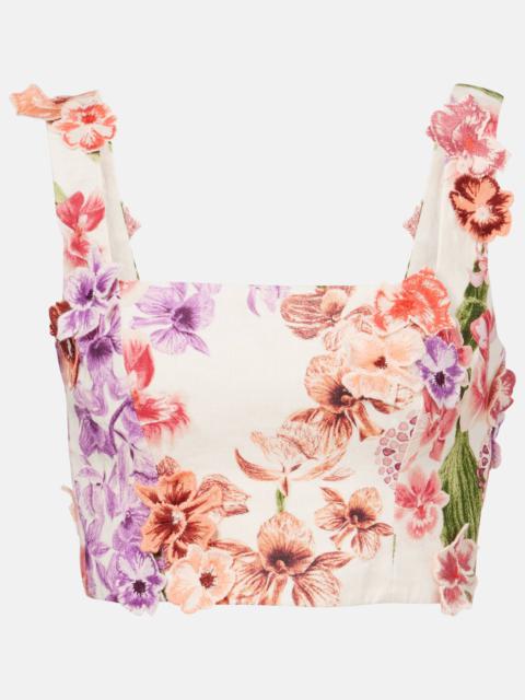Amanda floral-appliqué linen crop top