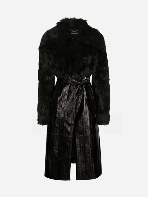 Alpaca and eel skin single-breasted coat with belt