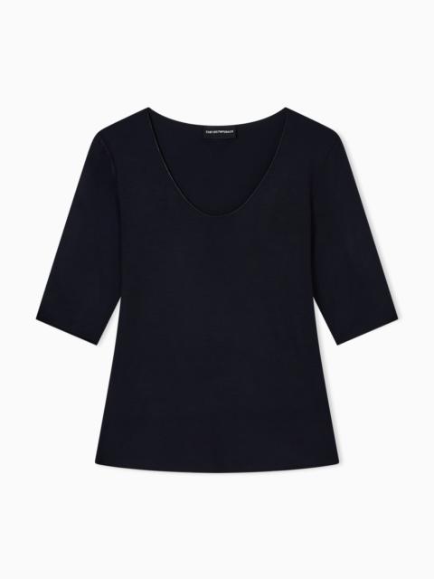 Viscose stretch jersey V-neck jumper with three-quarter length sleeves