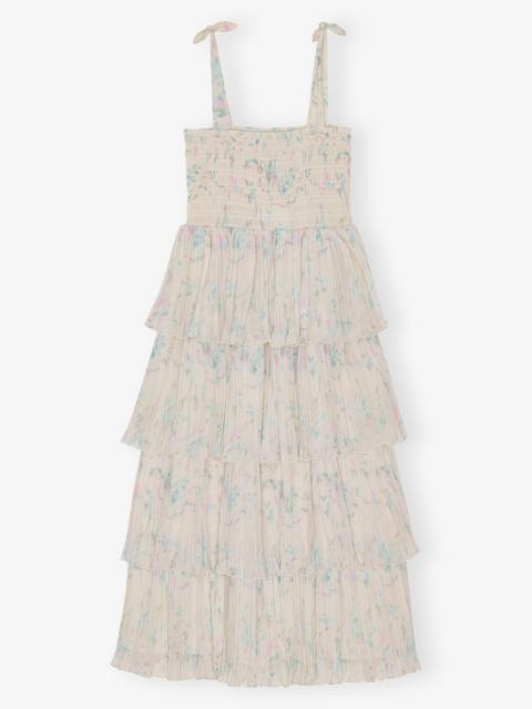 FLORAL PRINTED PLEATED GEORGETTE STRAP SMOCK MIDI DRESS