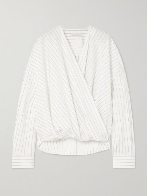 Oversized wrap-effect pinstriped cotton-poplin blouse White