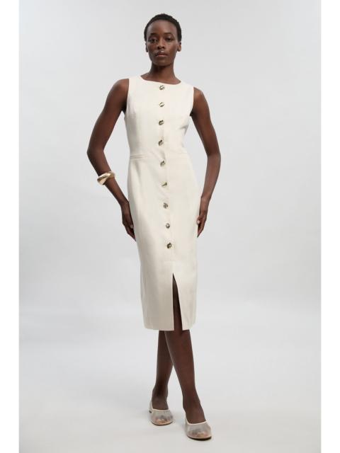 Tailored Linen Statement Button Front Pencil Midi Dress