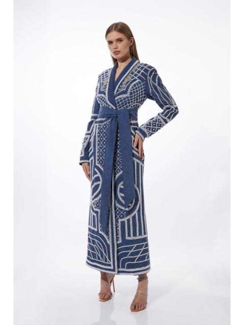 Petite Premium Pearl Embellished Denim Woven Blazer Midi Dress