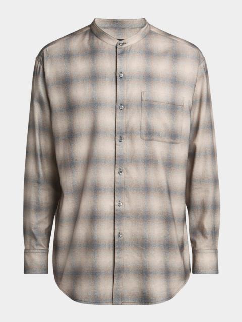 Men's Faded Plaid Cotton and Lyocell Nehru-Collar Sport Shirt