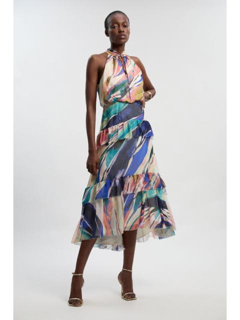Marble Print Crinkle Chiffon Halter Neck Woven Maxi Dress