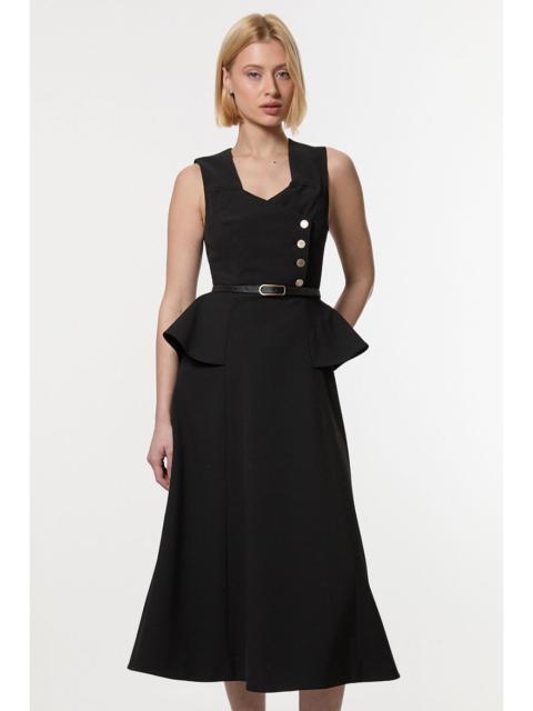 Compact Stretch Belted Peplum Detail Full Skirted Midi Dress