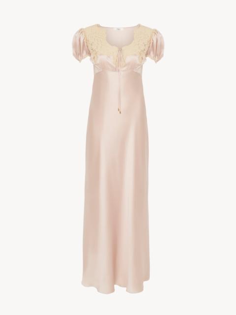 PUFF-SLEEVE COLUMN DRESS IN WASHED SILK SATIN & LACE