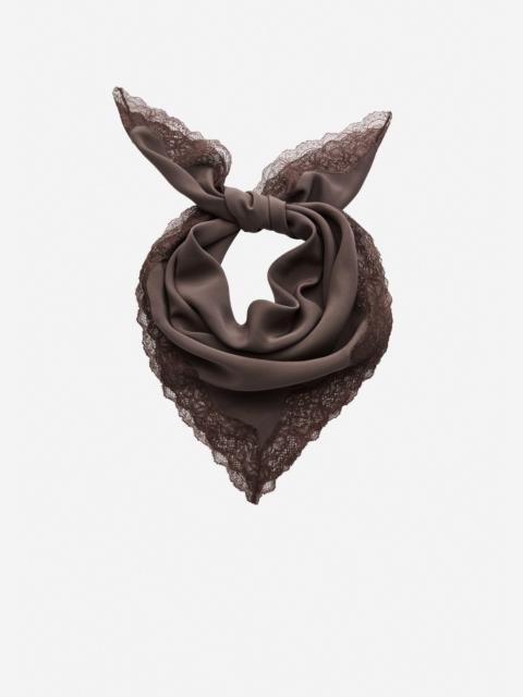 Silk square scarf with lace trim in brown