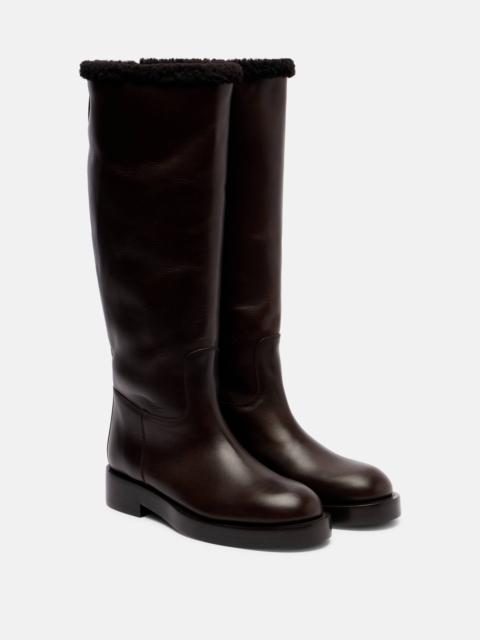 Shearling-trimmed leather knee-high boots