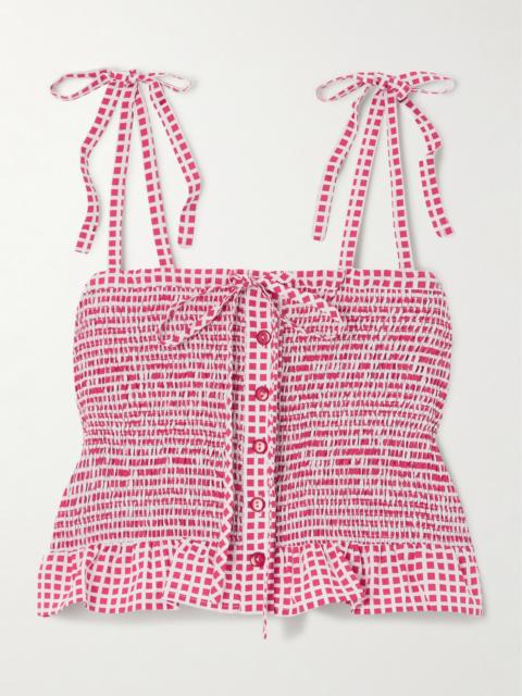 Shirred Checked Cotton-poplin Top