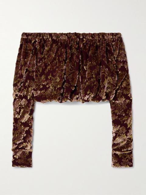 Off-the-shoulder ruched metallic devoré-velvet top Burgundy