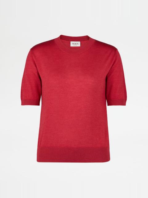 SHORT SLEEVED SILK BLEND PULLOVER - RED