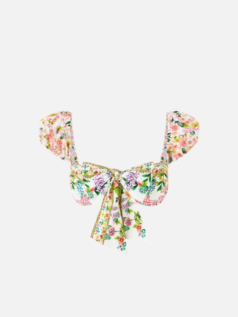 TIE FRONT UNDERWIRE BIKINI TOP WITH PUFF SLEEVE