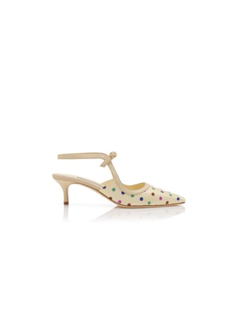 Cream Silk Polka Dot Ankle Strap Pumps