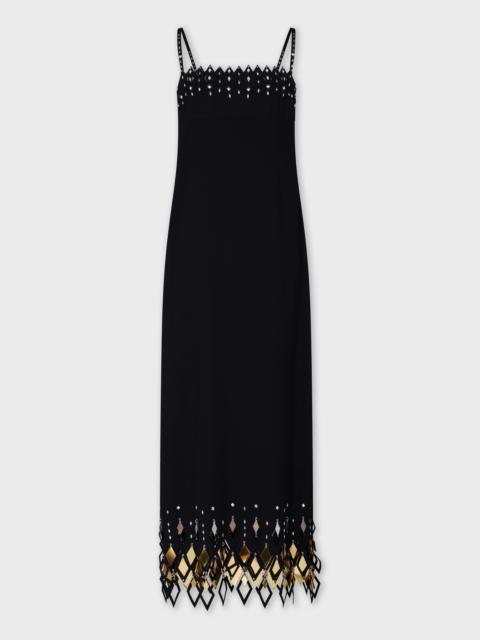 BLACK CREPE LONG DRESS WITH DIAMOND-SHAPED ASSEMBLY