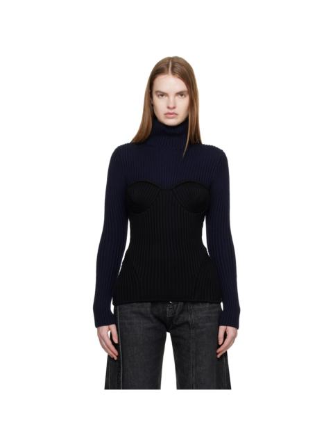 Navy & Black Stretch Merino Wool Ribbed Turtleneck