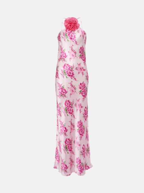 Floral-appliqué silk maxi dress