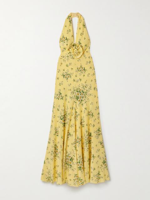 Appliquéd Floral-print Silk Crepe De Chine Halterneck Gown