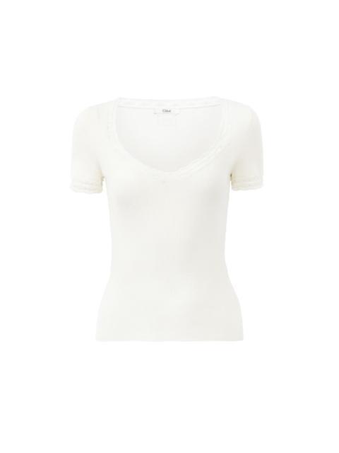 SCOOP-NECK FITTED TOP IN A WOOL KNIT & LACE