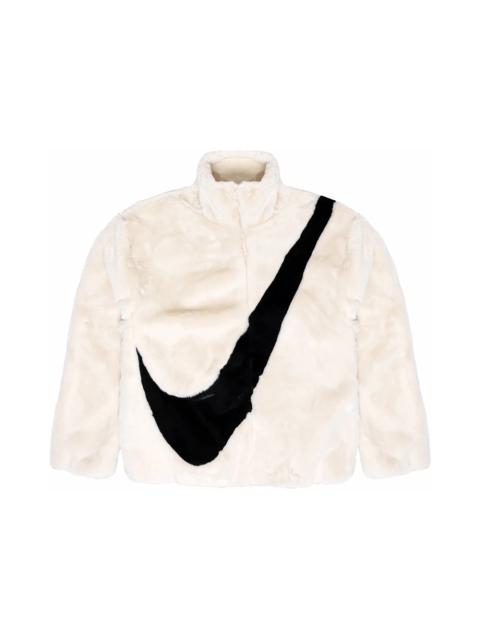 Nike Sportswear Women's Oversized Swoosh Logo Faux Fur Jacket Fossil/Black