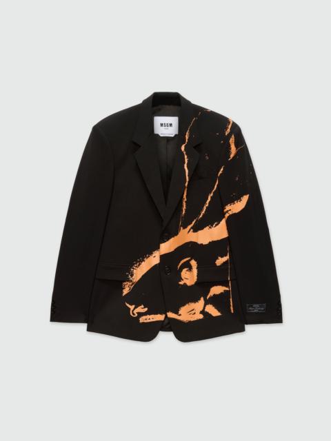 Black single-breasted jacket in cool wool with "Sketched Bunnies" print