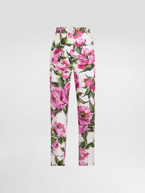 Peony-print cotton jacquard pants