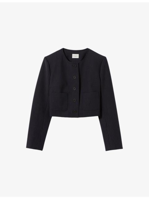 Striped Round-Neck Stretch Wool-Blend Jacket
