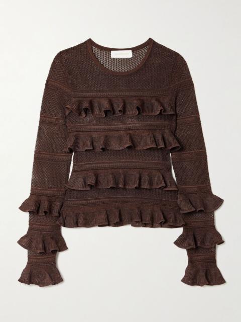 Ruffled metallic pointelle-knit top Chocolate