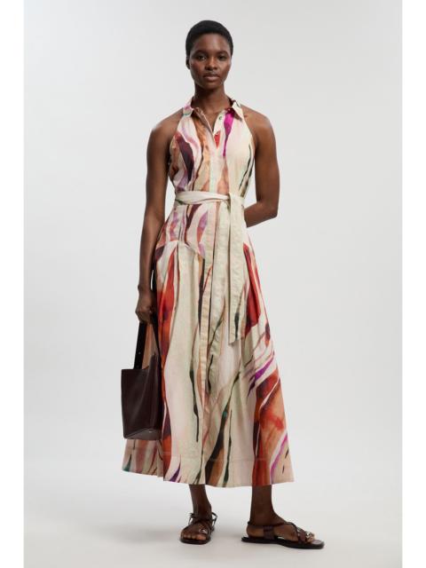 Petite Marble Print Cotton Collared Halterneck Woven Midi Shirt Dress With Dropped Waist Detail