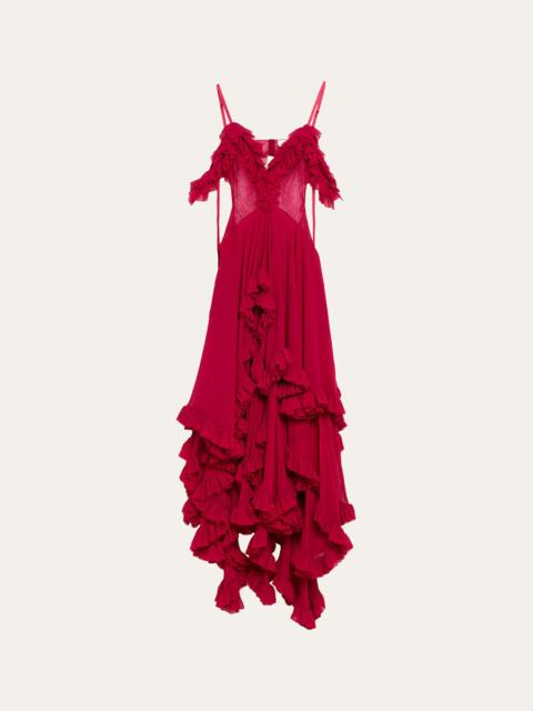 Lace-Inset Tiered Ruffle Chiffon Evening Dress