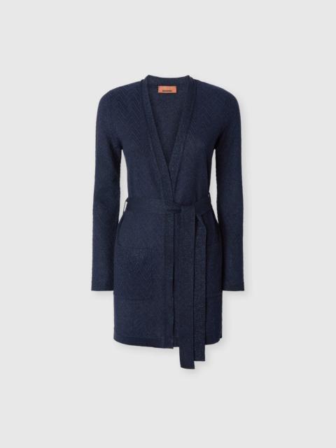 Chevron pattern belted cardigan