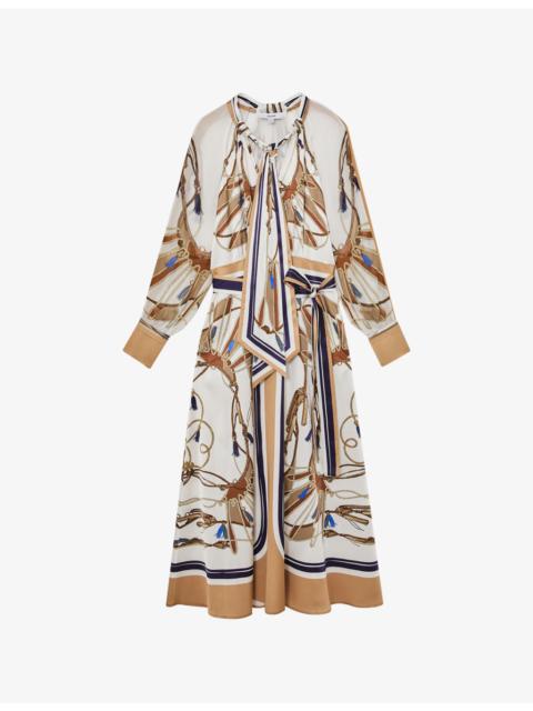Ellie Foulard-Print Tie-Neck Woven Midi Dress