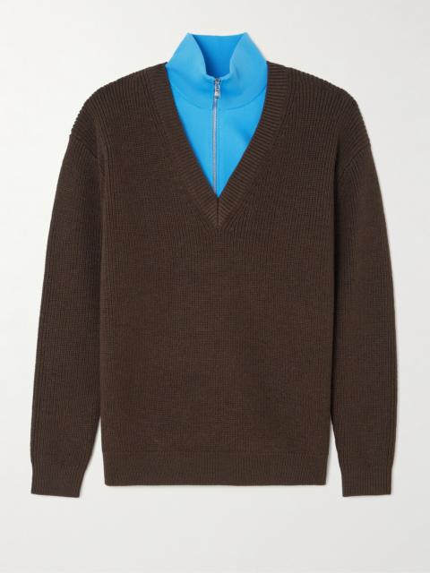 Layered Knit-trimmed Ribbed Wool-blend Half-zip Sweater