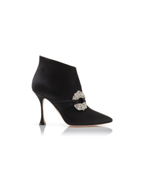 Black Satin Embellished Buckle Ankle Boots