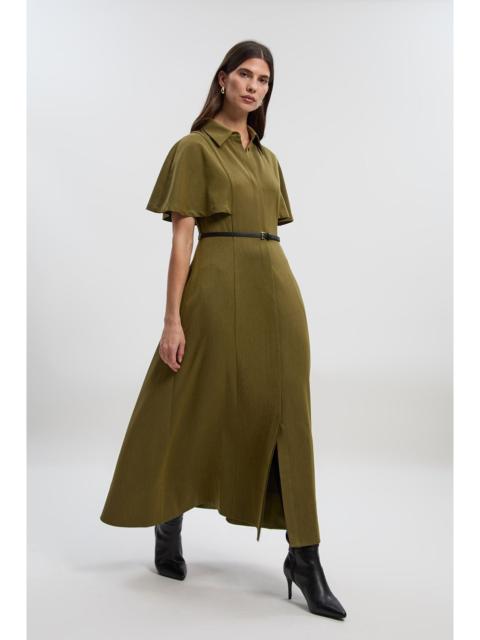 Twill Cape Sleeved Belted Shirt Woven Midi Dress